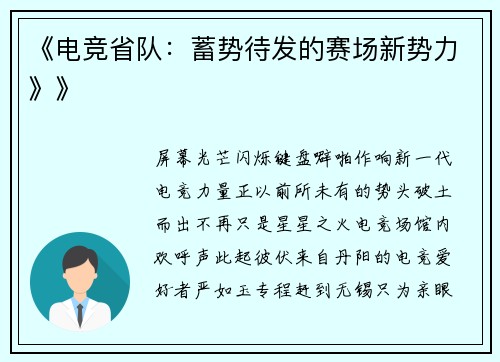 《电竞省队：蓄势待发的赛场新势力》》