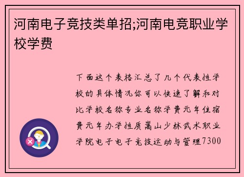 河南电子竞技类单招;河南电竞职业学校学费